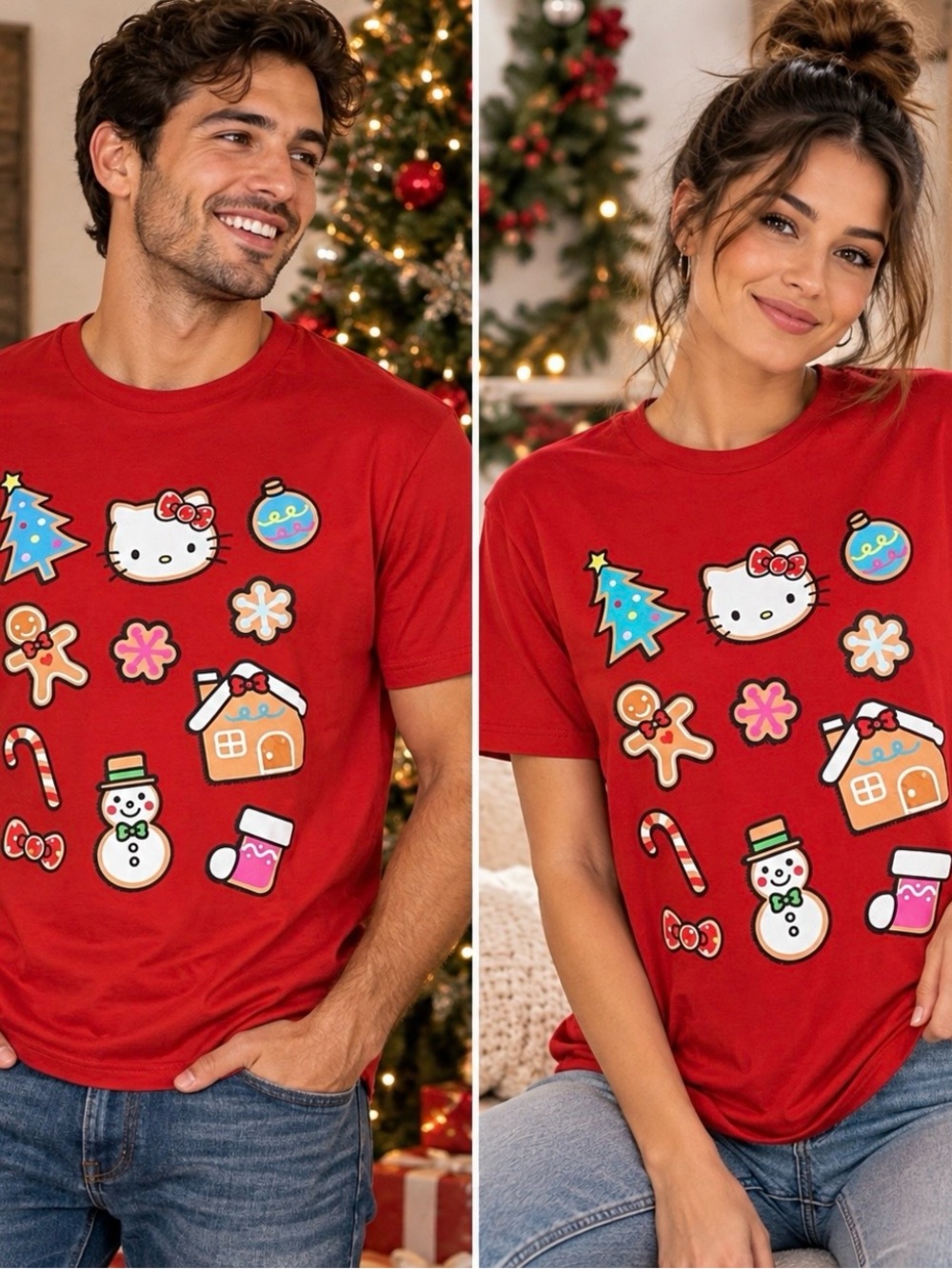 Sanrio Hello Kitty Men's M Christmas Gingerbread T-Shirt Red‎ Unisex NWOT